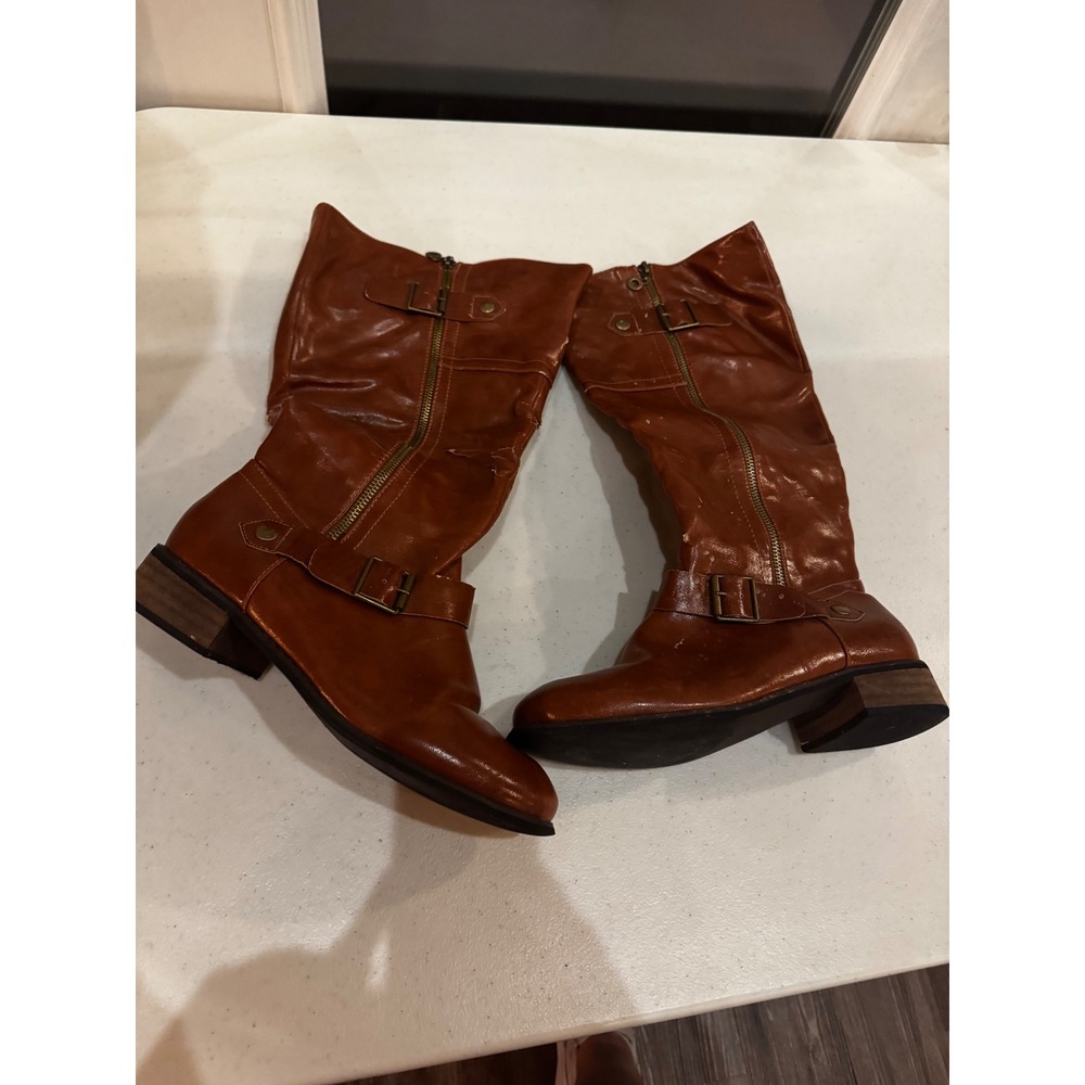 Reneeze Girls Cognac Brown Faux Leather Tall Riding Boots Buckle Detail Size 9